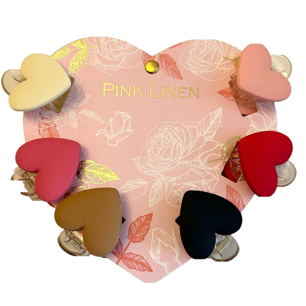 Pink Linen Heart Hair Clips NWT